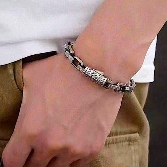 Stainless Steel Chain Link Bracelet, Mantra, Curb Hand Woven Engraved - Picture 3 of 7